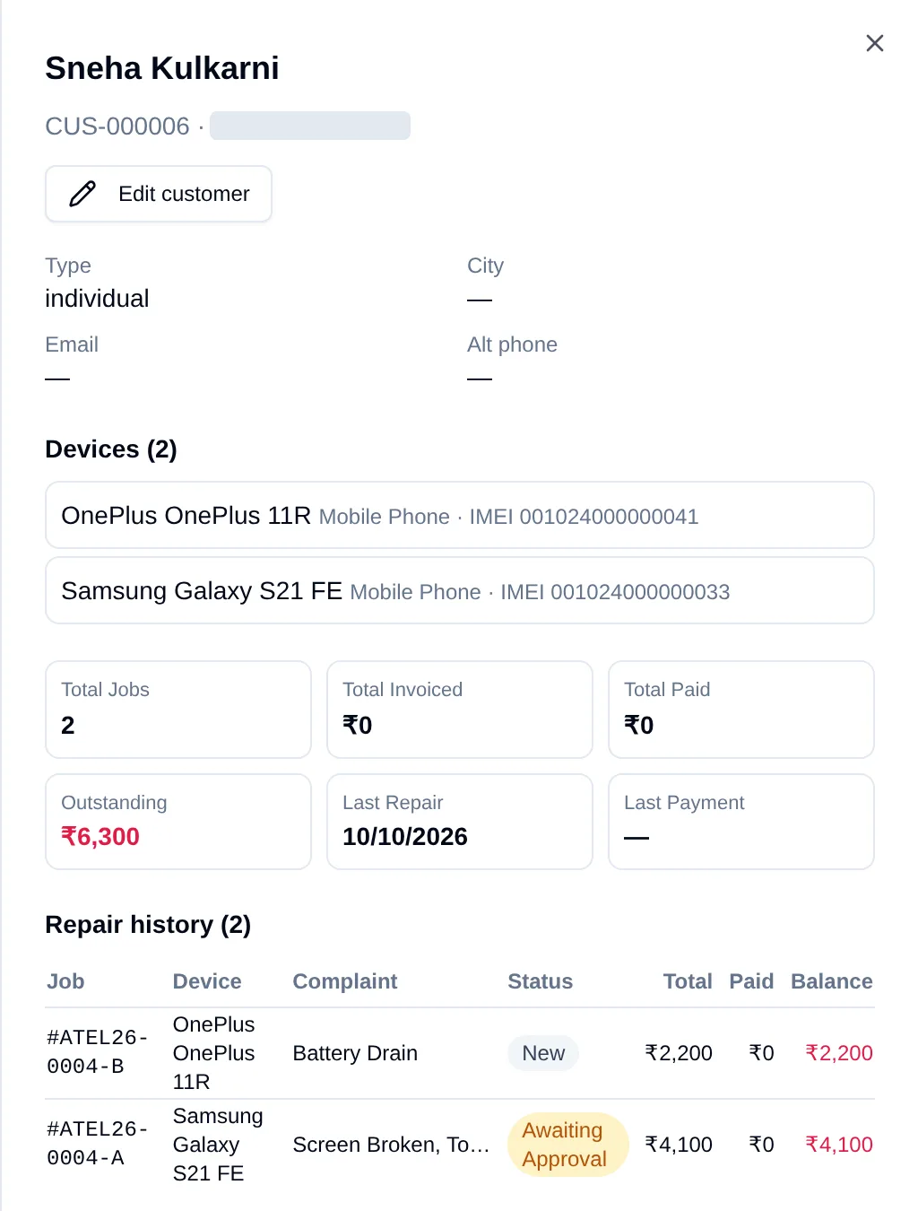 Customer profile in RepairDesk Pro listing the customer’s two phones with their IMEIs, totals for jobs, invoiced, paid and outstanding amounts, and a repair history for each phone