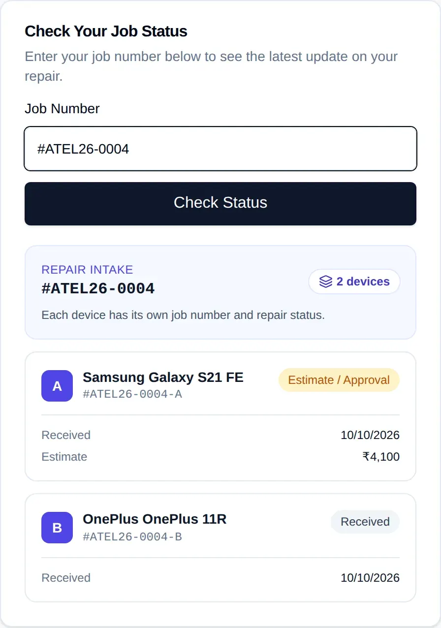 Customer repair status page showing the current stage of each phone in one intake, looked up by job number