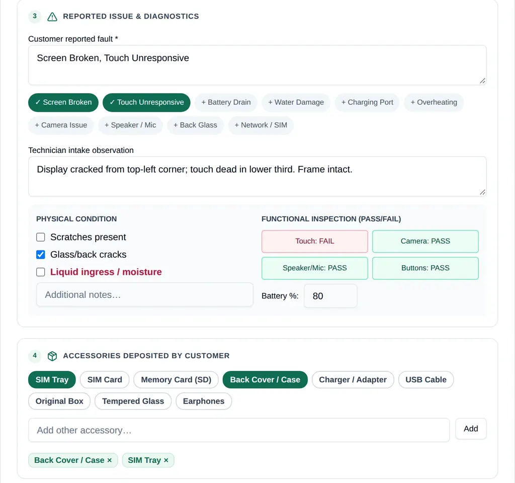 Job card intake section with reported fault, technician observation, physical condition checklist, pass/fail functional tests, battery percentage and accessories received