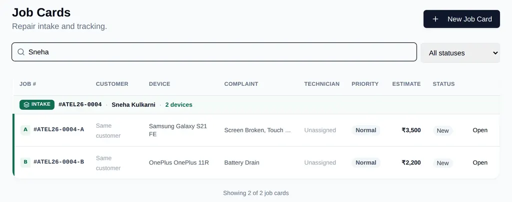 Mobile repair shop job list showing one customer’s two phones, a Samsung Galaxy S21 FE and a OnePlus 11R, grouped under a single intake with estimates and status