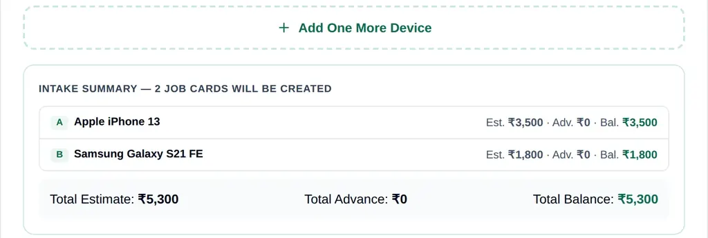 Intake summary showing two job cards will be created for one customer, device A and device B, each with its own estimate