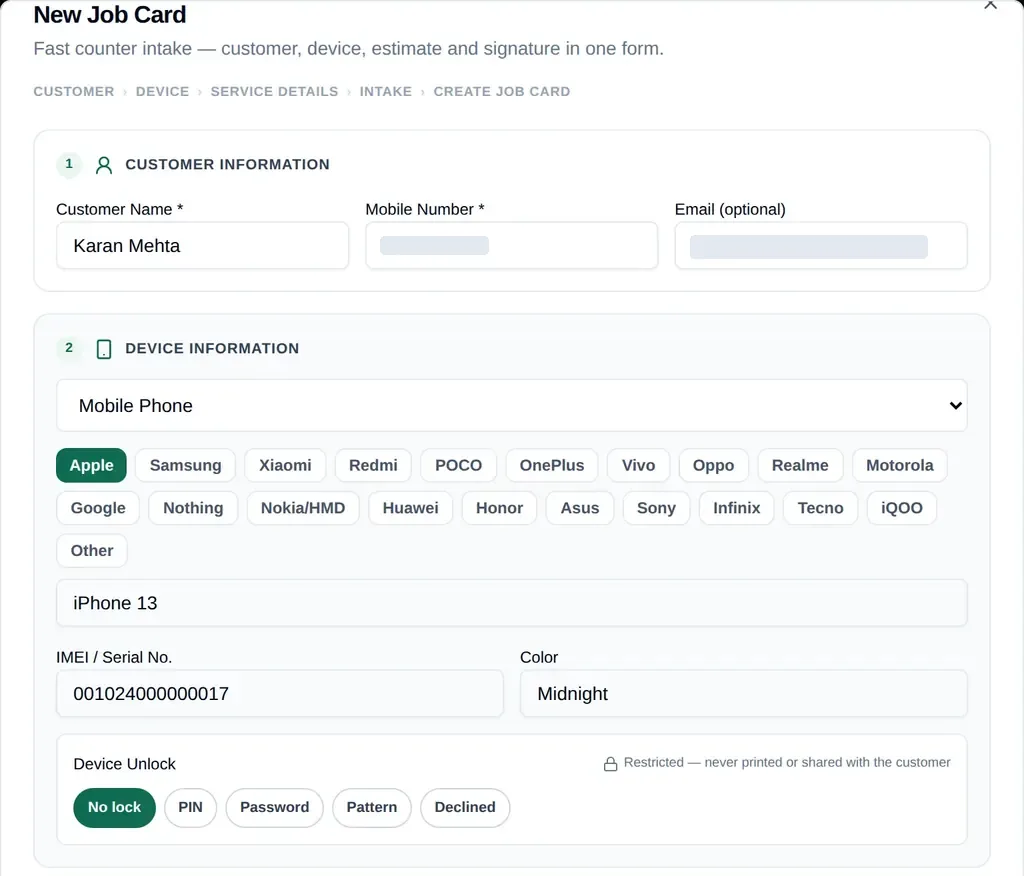 RepairDesk Pro New Job Card form with customer name, mobile number, device brand and model, IMEI and device unlock set to No lock