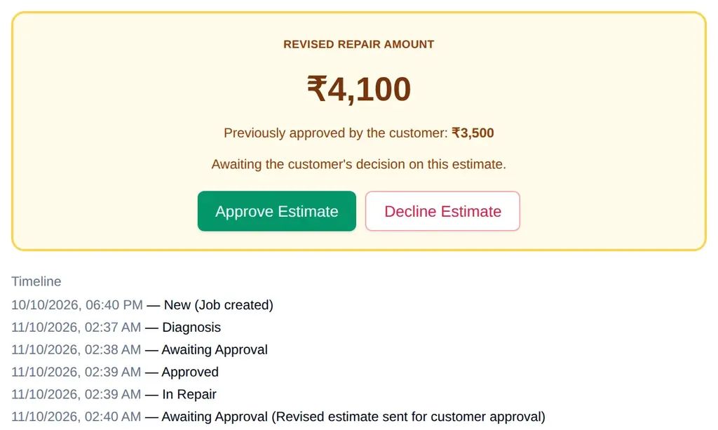 Revised phone repair amount of ₹4,100 awaiting the customer’s decision, with the previously approved ₹3,500 and the staff Approve Estimate and Decline Estimate buttons